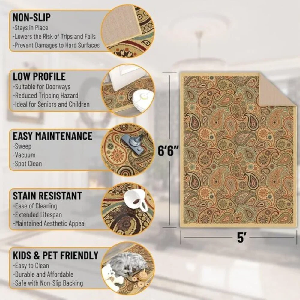 New 5x6.6 Beige Paisley Rug, Non-Slip, Durable Carpet for Home & Room Decor